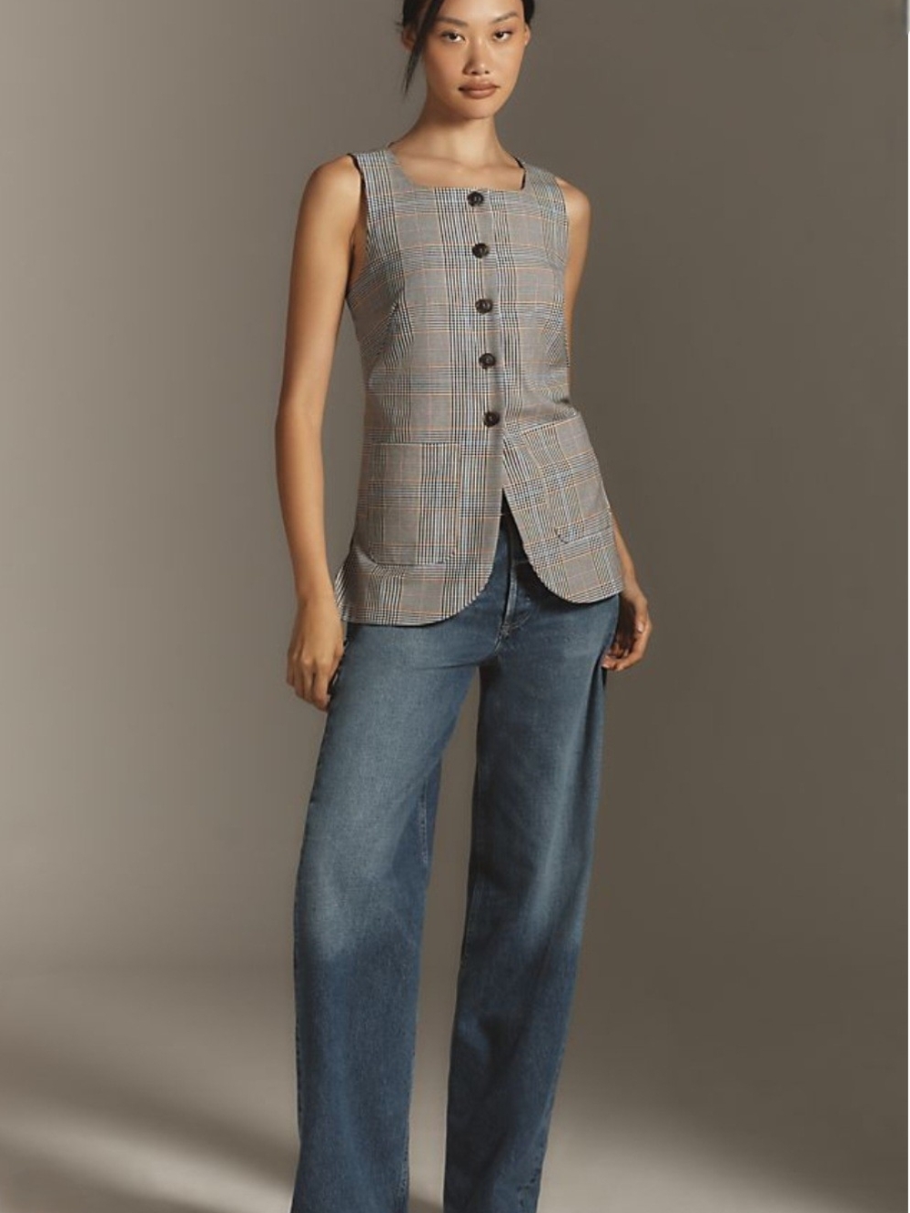 Anthropologie Gray Plaid Sleeveless Button Vest with Subtle Orange Lines